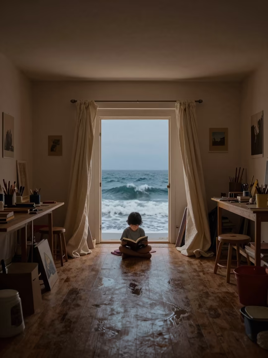 Child Reading in Colchester Atelier Under Ocean Doorway in in an atelier in Colchester