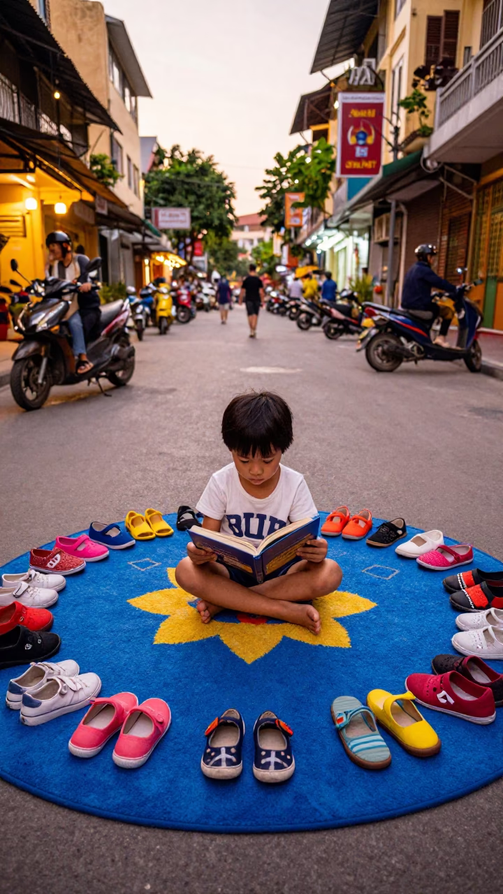 Child Reading on Colorful Rug Amidst Ho Chi Minh City Street Life Before Dusk in in Ho Chi Minh City, Vietnam