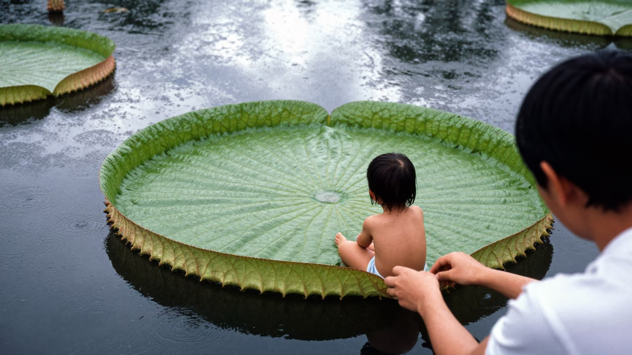 Child Resting on Giant Water Lily in Bandung in in Bandung