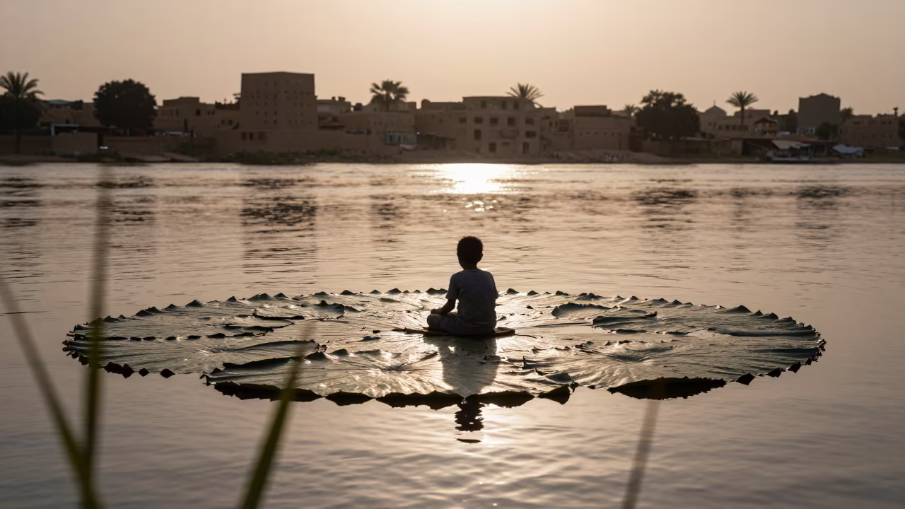 Child Resting on Giant Water Lily in Omdurman in in Omdurman