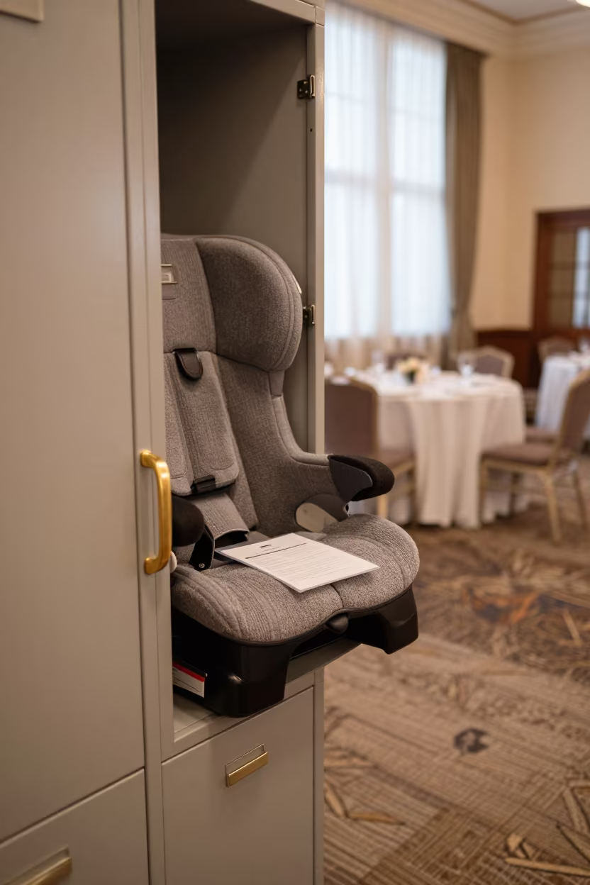 Child Seat Locker in Portland Lobby in inside a banquet hall before service in Portland