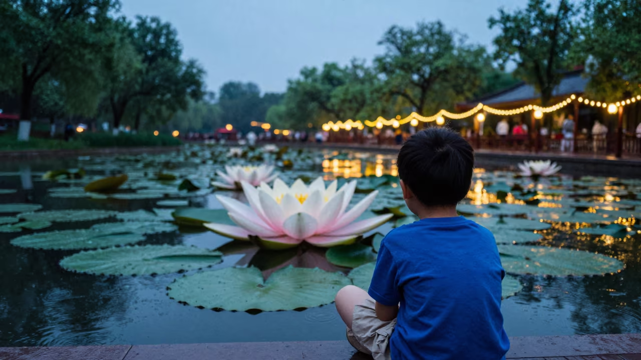 Child Sits on Giant Water Lily in Changchun in in Changchun