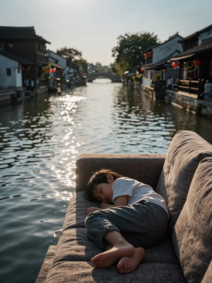 Child Sleeping on Sofa by Canal in Dadu in beside a canal in Dadu