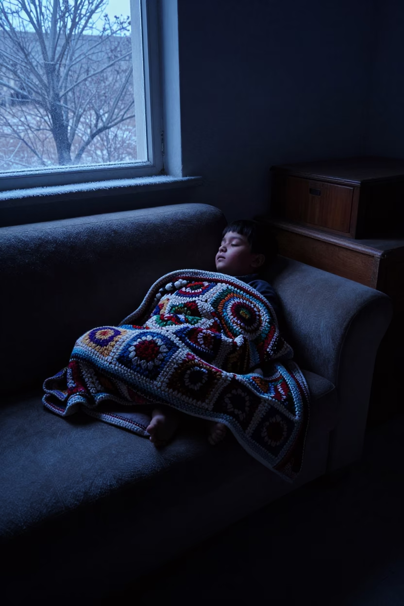 Child Sleeping on Sofa Under Crocheted Blanket in in Swabi