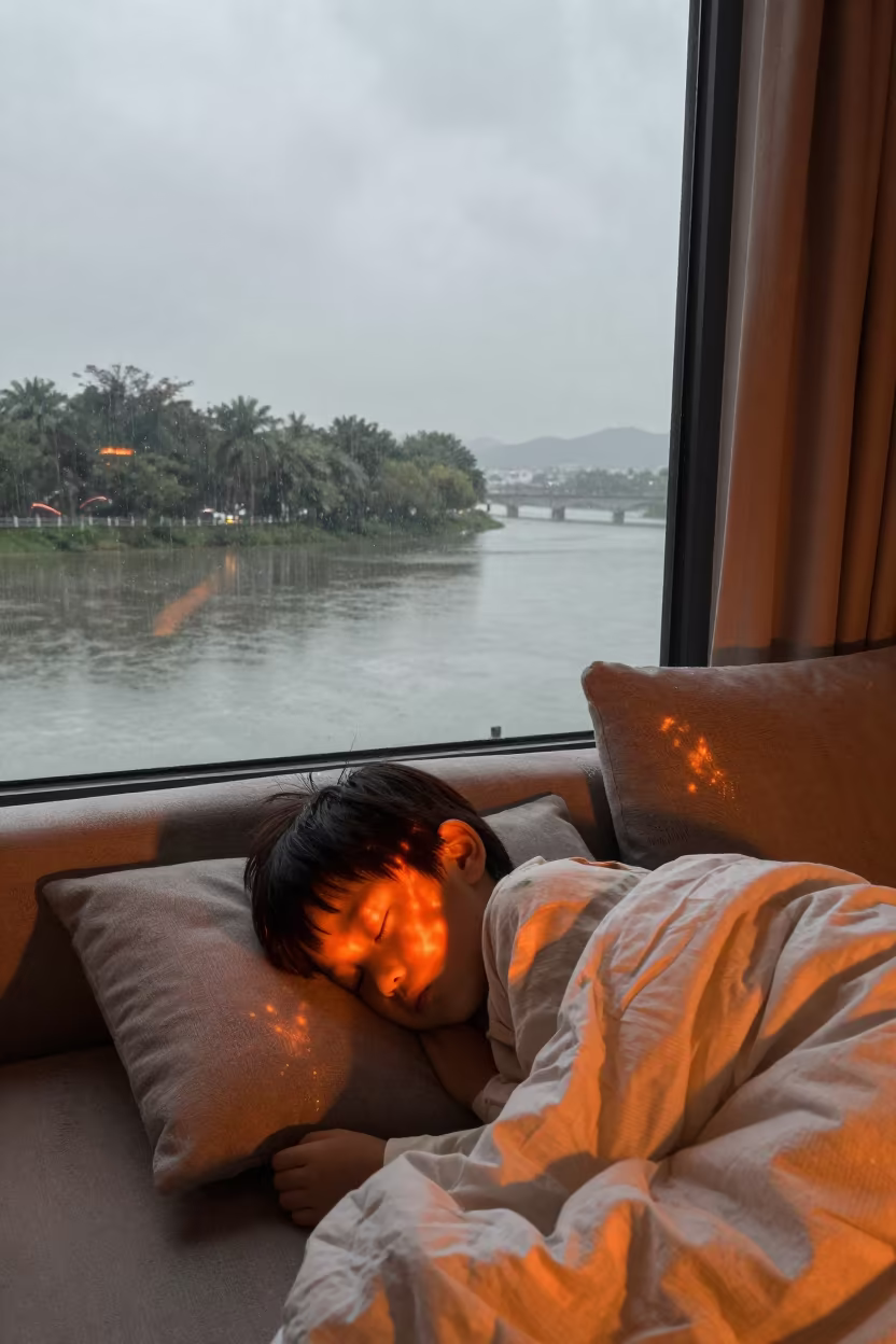 Child Sleeping Sofa Firelight Shenzhen Canal in beside a canal in Shenzhen