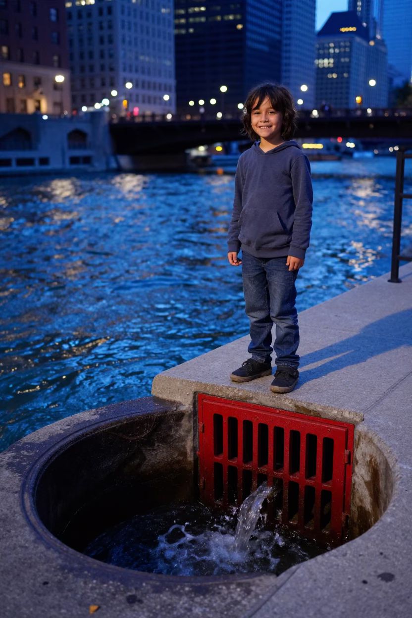 Child Smiling Beside Red Storm Drain Outfall in Chicago Evening Light in in Chicago, Illinois, United States