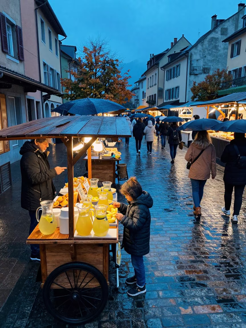 Child Vendor Lemonade Stand Annecy Flea Market in in a flea market lane in Annecy