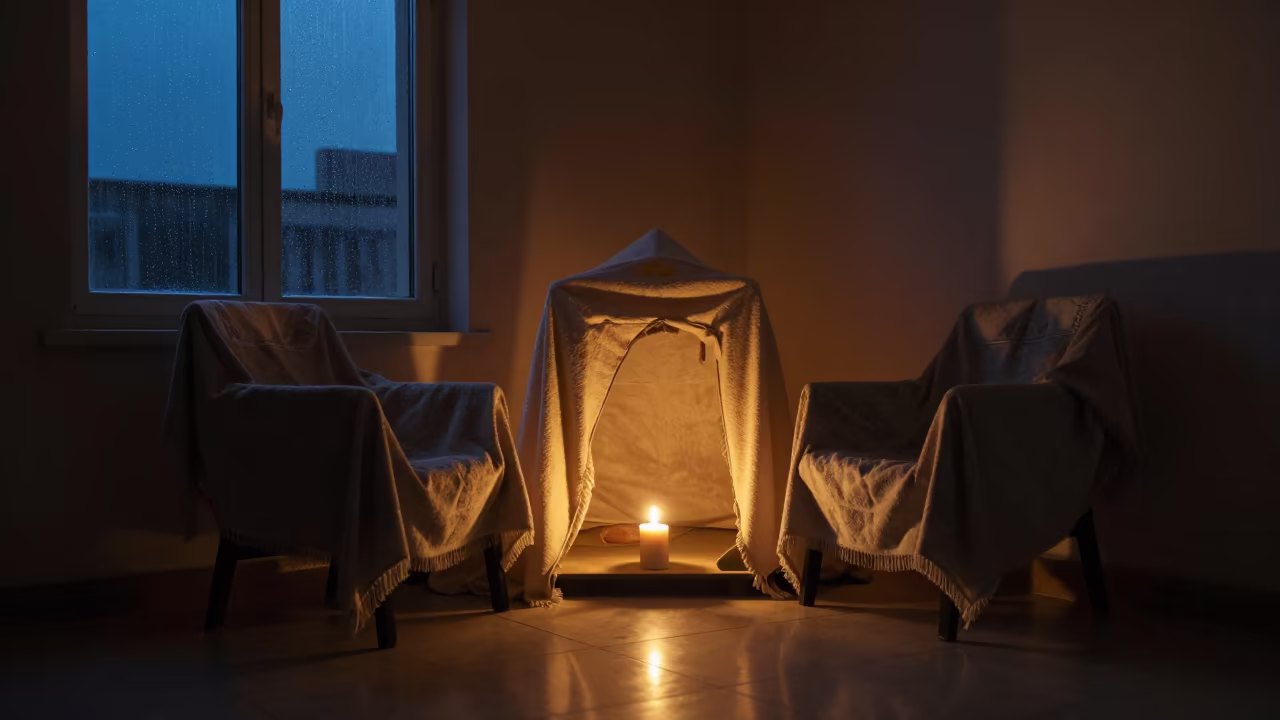 Childhood Tent Blanket Chairs Baqubah Evening Candlelight in beside a rain-streaked window in Baqubah