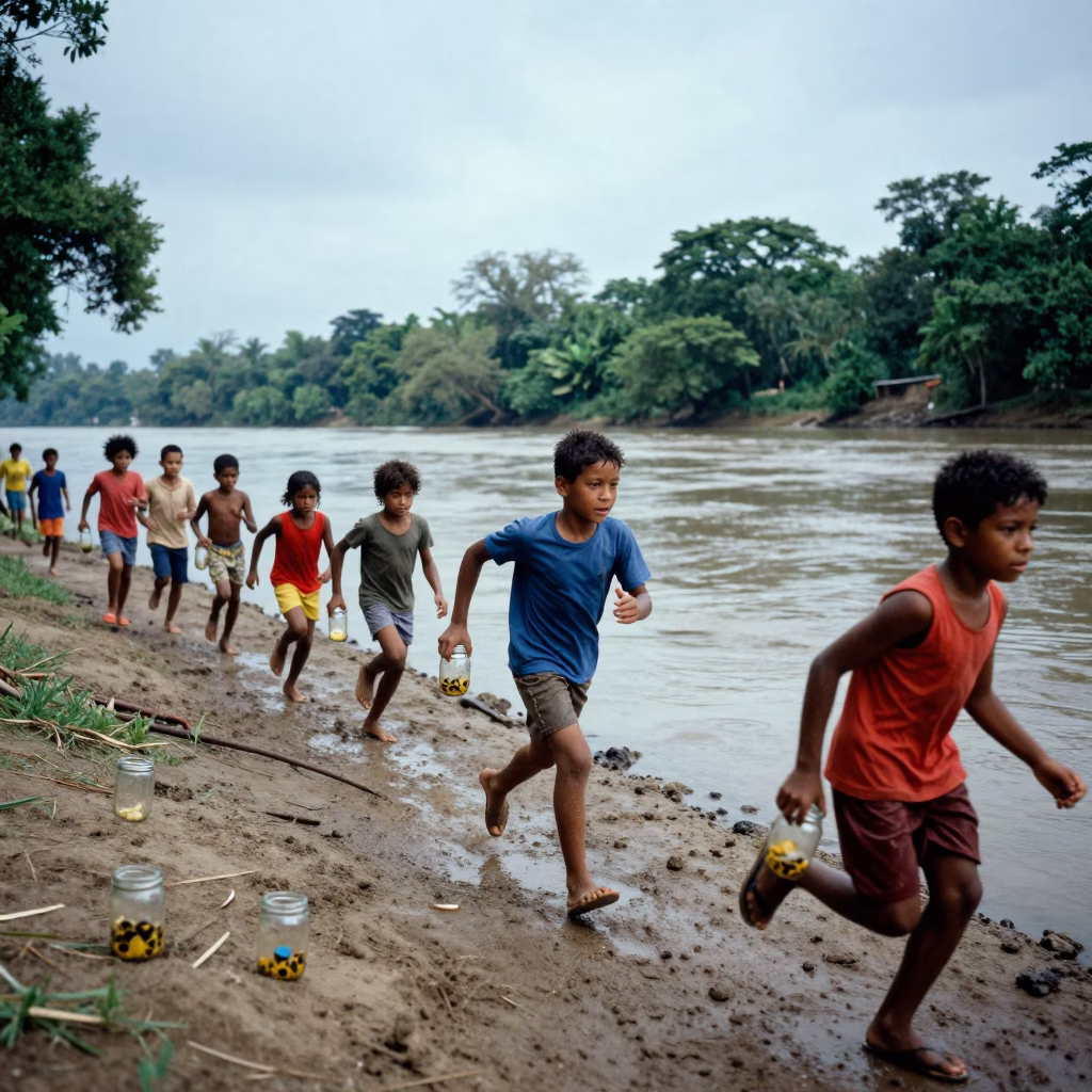 Children Catch Fireflies Jars Tegucigalpa in near a riverside landing in Tegucigalpa