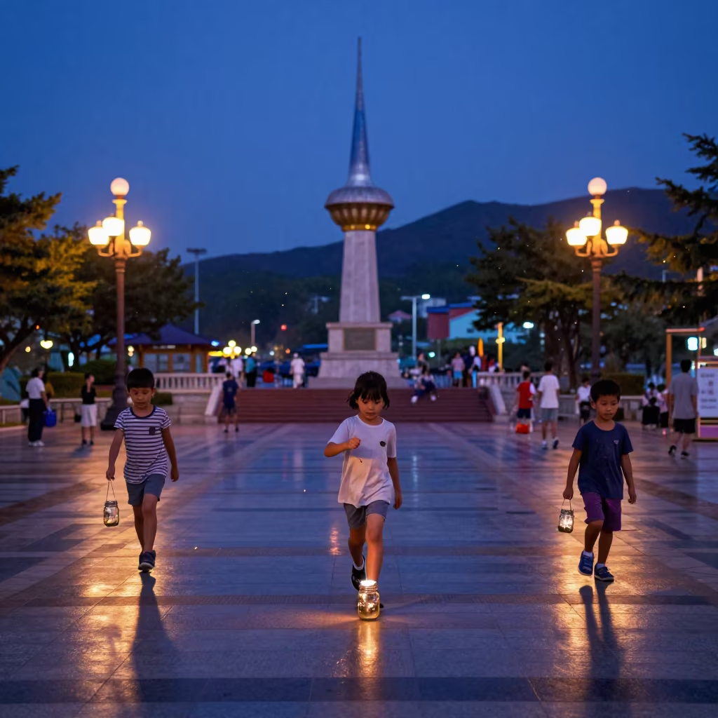 Children Catching Fireflies in Busan Square in at a public square in Busan