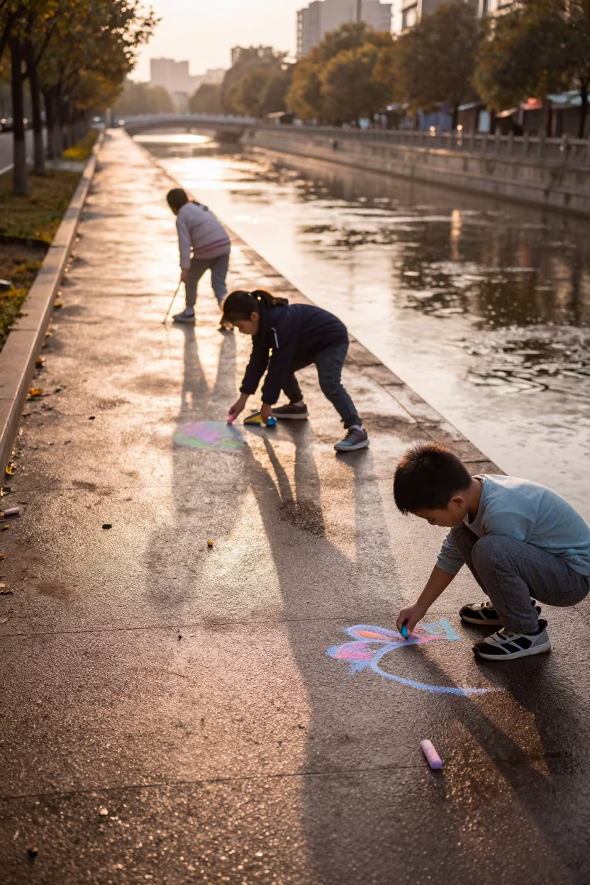 Children Drawing Chalk Art by Changchun Canal in beside a canal in Changchun