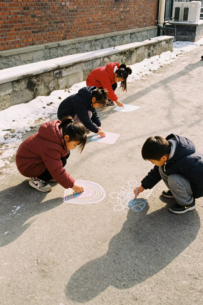 Children Drawing Chalk Art in Winter Snow in in Changchun