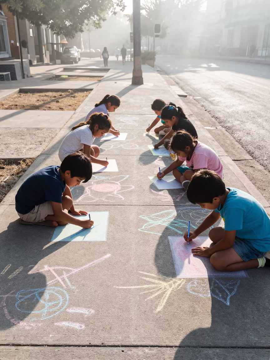 Children Drawing Chalk Sidewalk Matamoros in in Matamoros