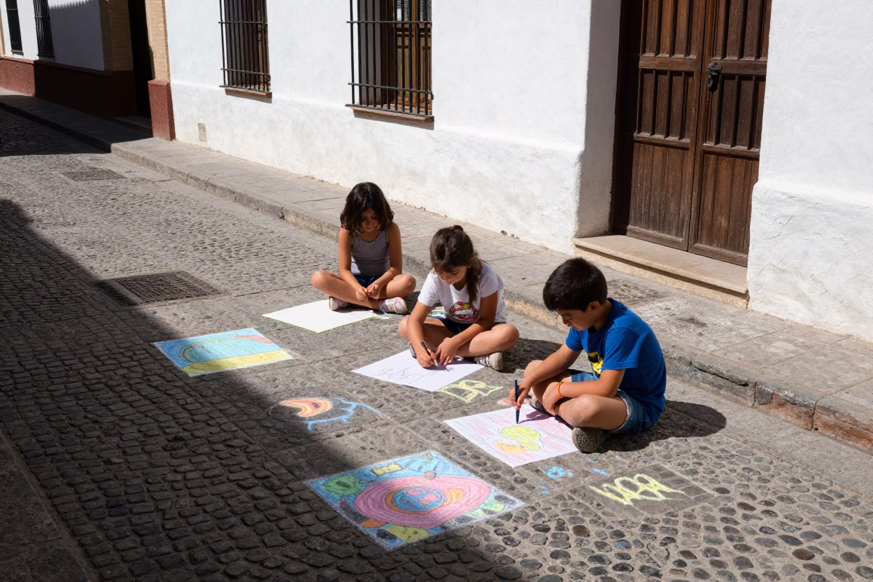 Children Drawing in Granada at Midday Light in in Granada, Spain