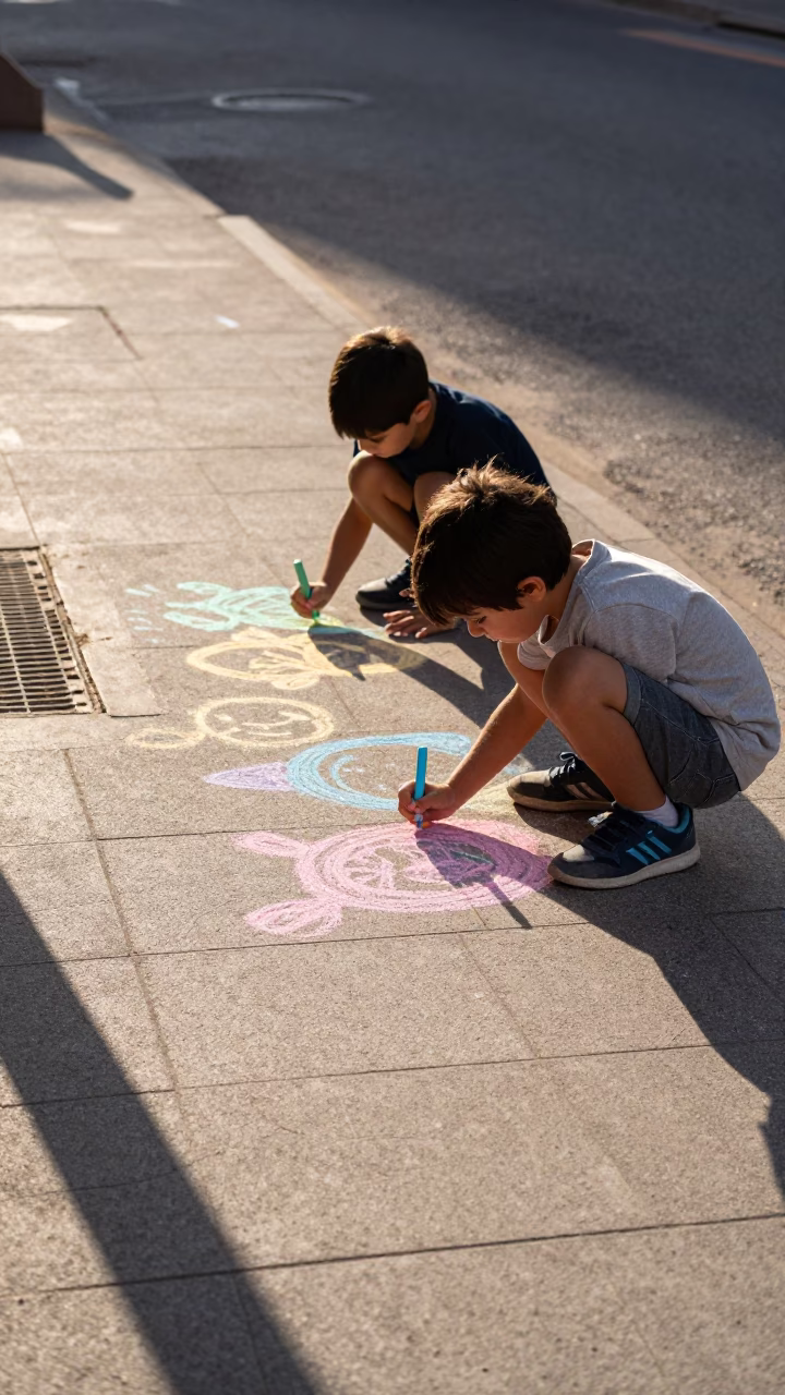 Children drawing with chalk on a sunny sidewalk in Valencia Spain late afternoon in in Valencia, Spain