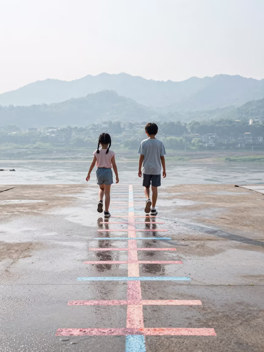 Children Playing Hopscotch in Chongqing Morning in in Chongqing