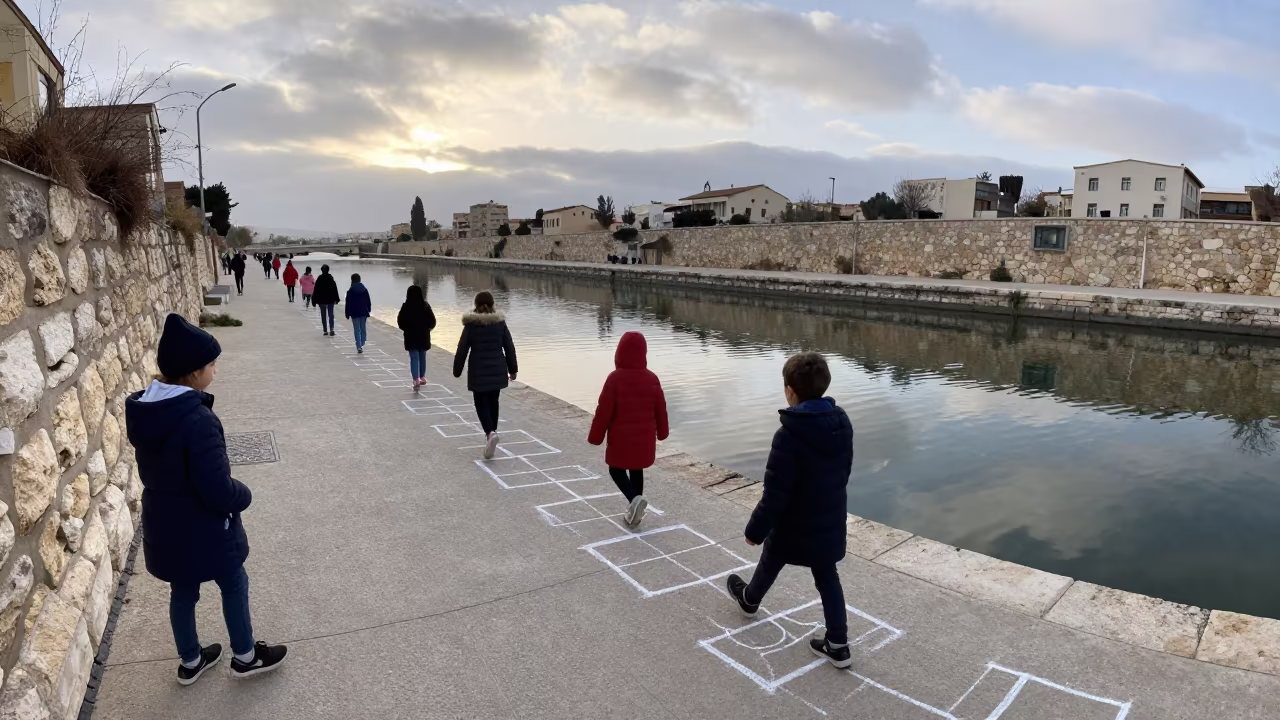 Children Hopscotch Dawn Irbid Canal in beside a canal in Irbid