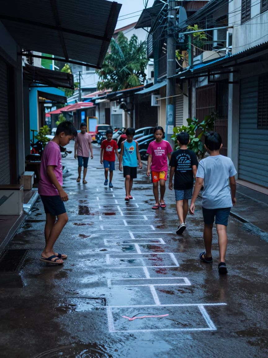 Children Hopscotch Sidewalk Cholon Evening Rain in near Cholon, Ho Chi Minh City