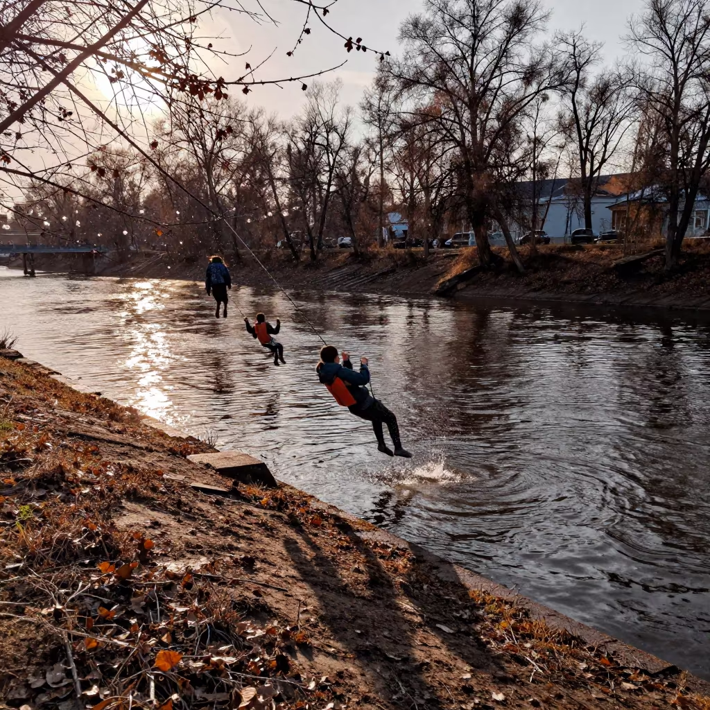 Children Jump Rope Swing Lake Abakan Dusk in beside a canal in Abakan