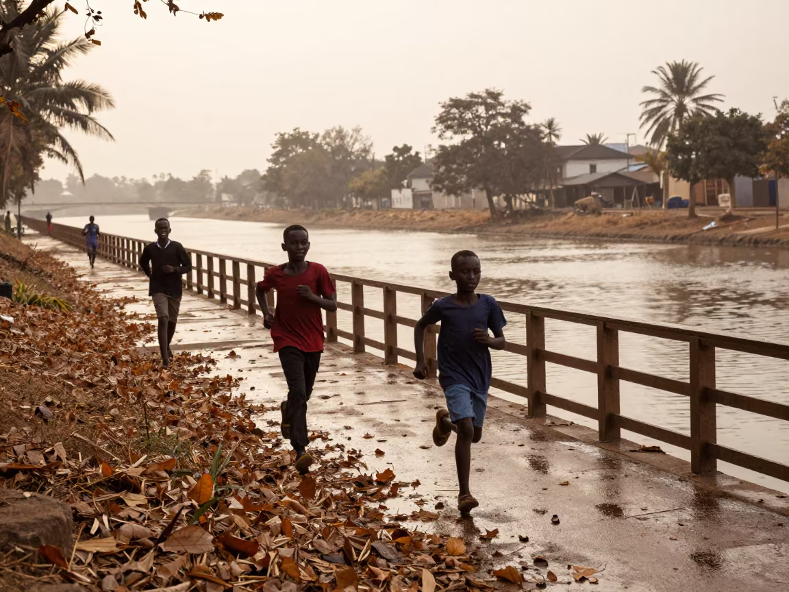 Children Playing Autumn Leaves Bauchi Canal Sunset in beside a canal in Bauchi