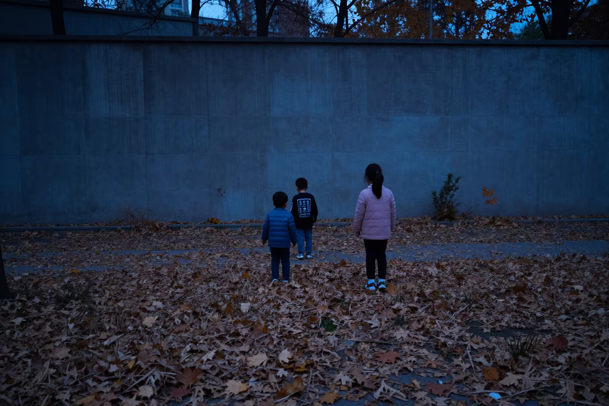 Children Playing in Autumn Leaves at Pyongyang Blue Hour in in Pyongyang
