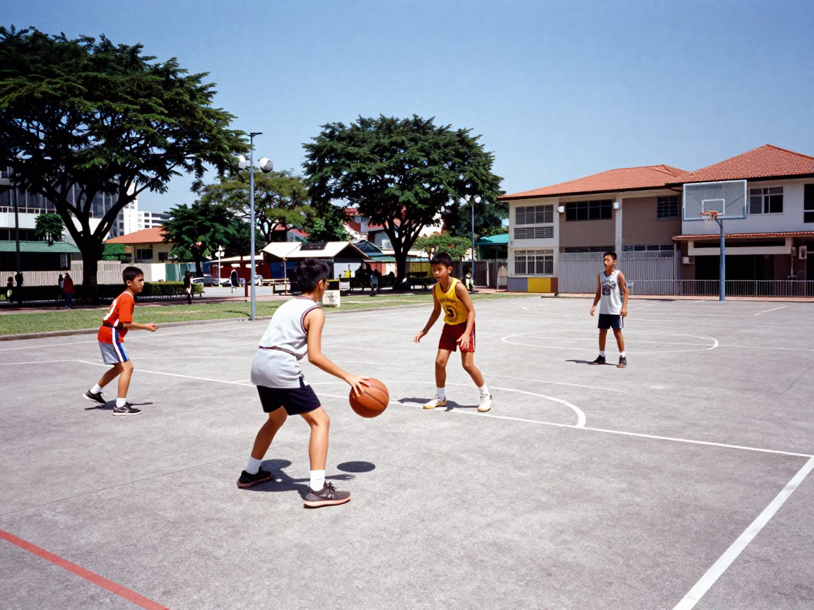 Children Playing Basketball on Singapore HDB Court Under Noon Sun with Condensation Can in in Singapore, Singapore