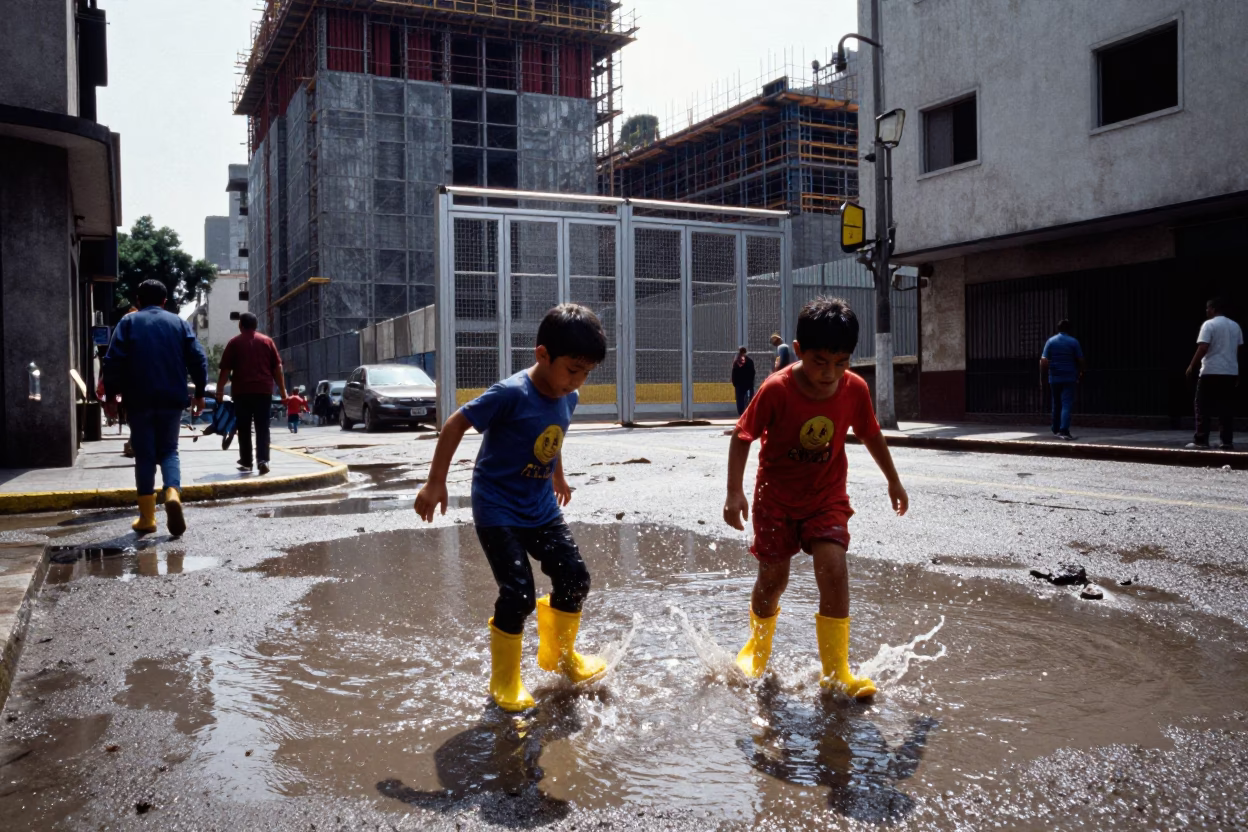 Children Playing in Street Puddles Near Construction Site in Mexico City Midday in in Mexico City, Mexico