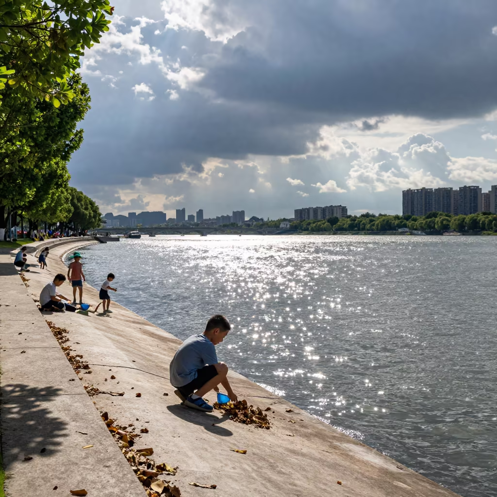 Children Playing Autumn Leaves Riverside Wenzhou Noon in near a riverside landing in Wenzhou