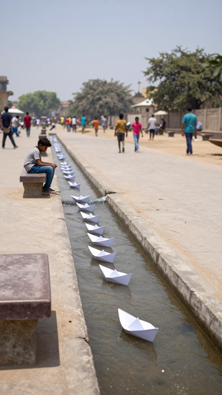 Children Racing Paper Boats in Gandhinagar Gutter in at a public square in Gandhinagar