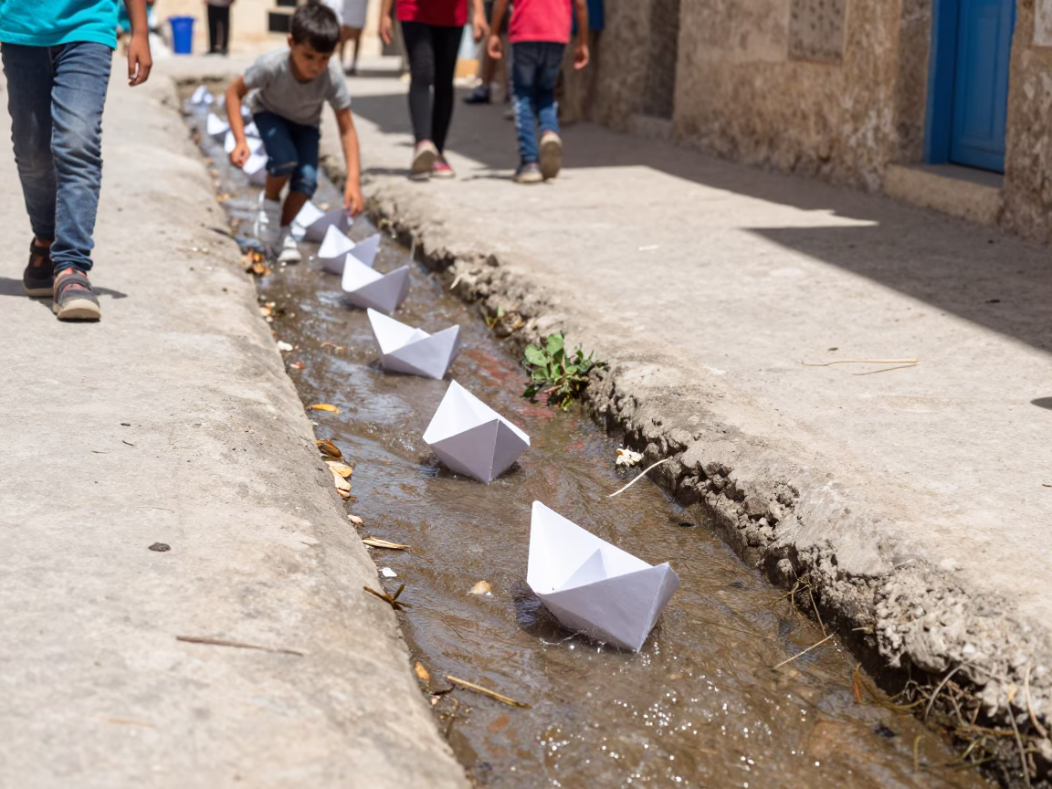 Children Racing Paper Boats in Gutter Stream Bright Midmorning Light Tunis Tunisia in in Tunis, Tunisia