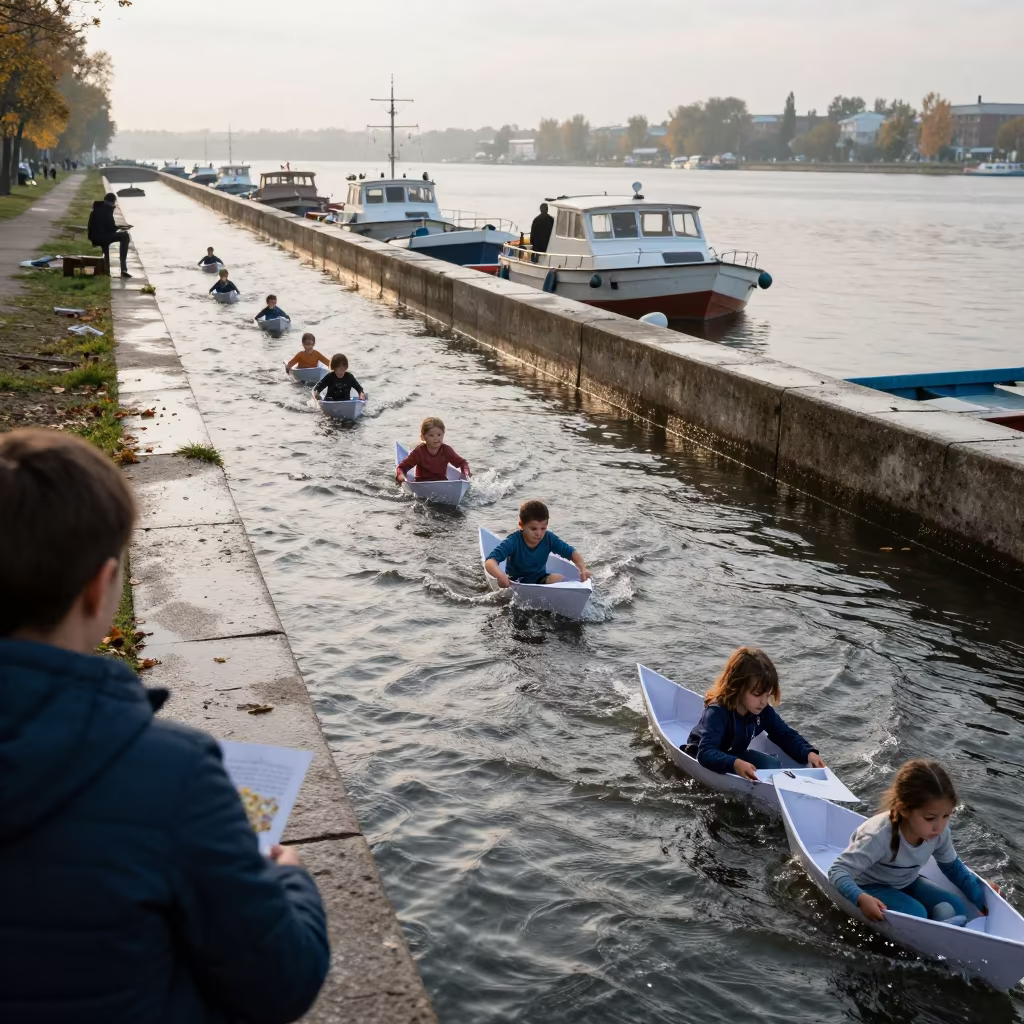 Children Racing Paper Boats at Minsk Harbor Dawn in at a harbor edge in Minsk