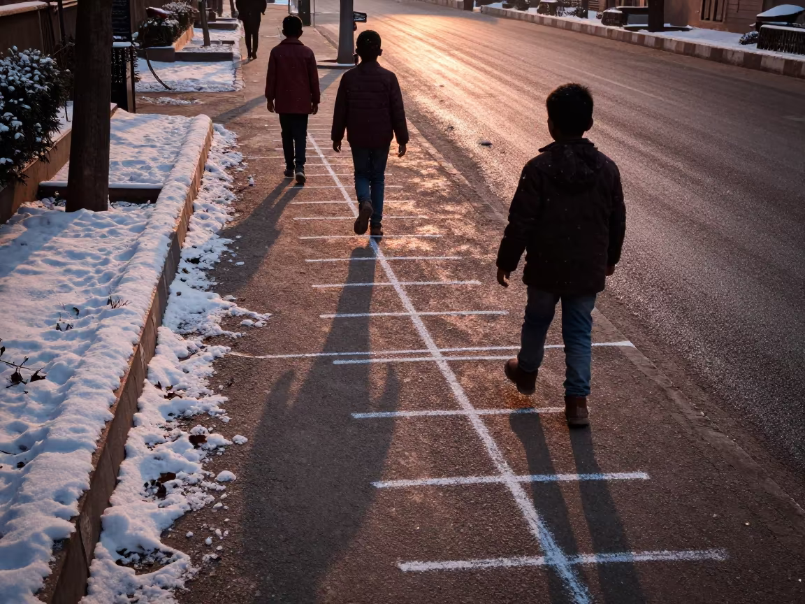 Children Silhouetted Playing Hopscotch in Snow in in Rohtak