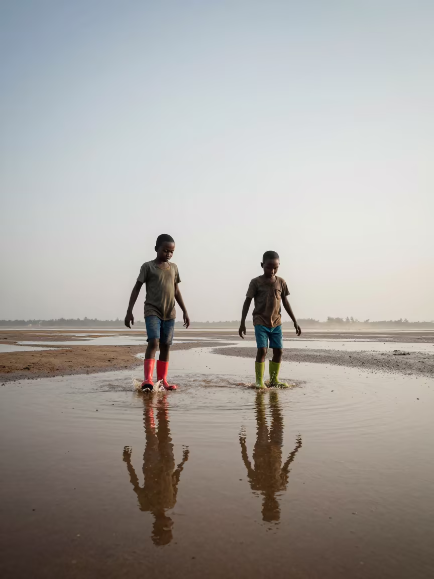 Children Splashing in Harbor Puddles Garoua in at a harbor edge in Garoua