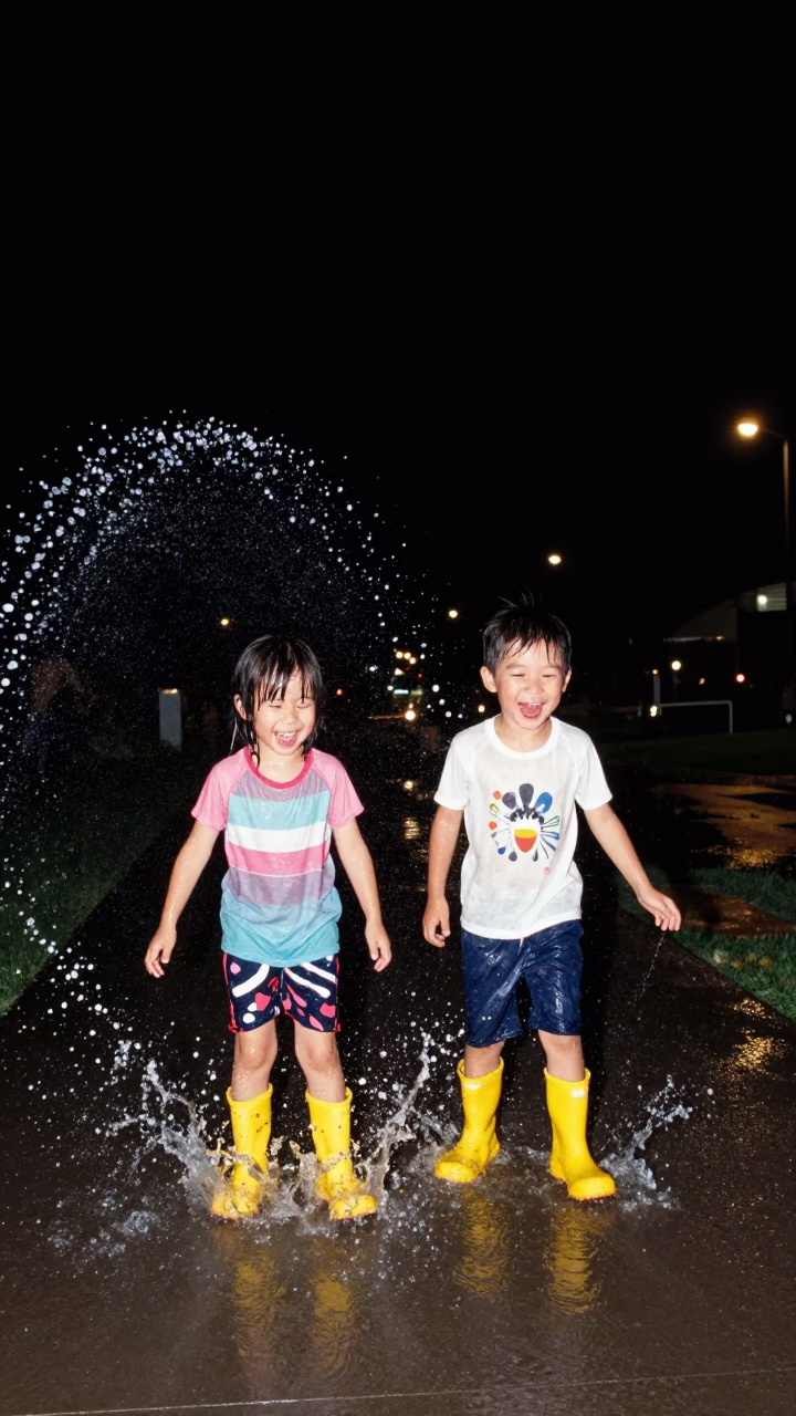 Children Splashing in Sydney at Deep In The Night Light in in Sydney, New South Wales, Australia