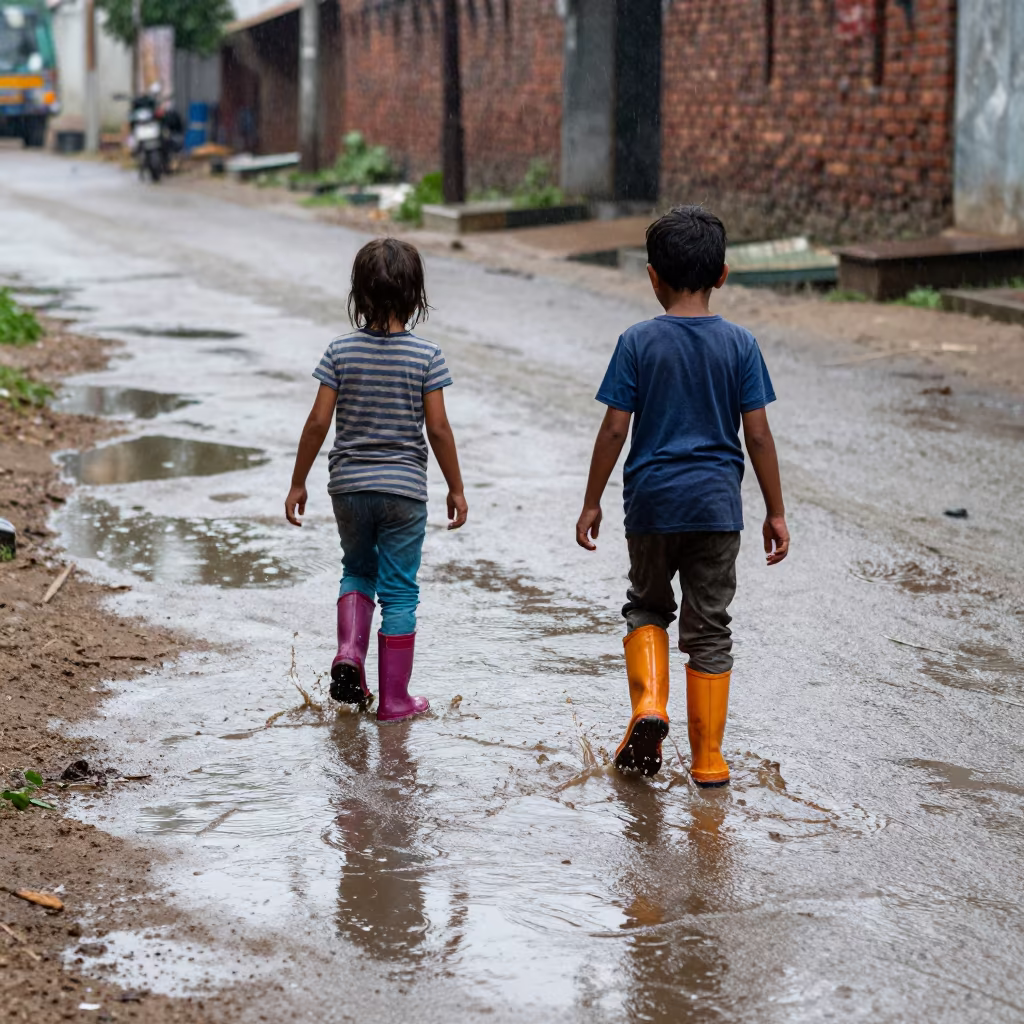 Children Splashing in Rain Puddles Bogura in in Bogura