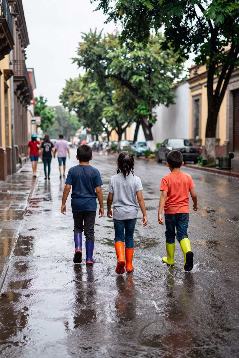 Children Splashing in Rain Puddles Mexico City in in Condesa, Mexico City