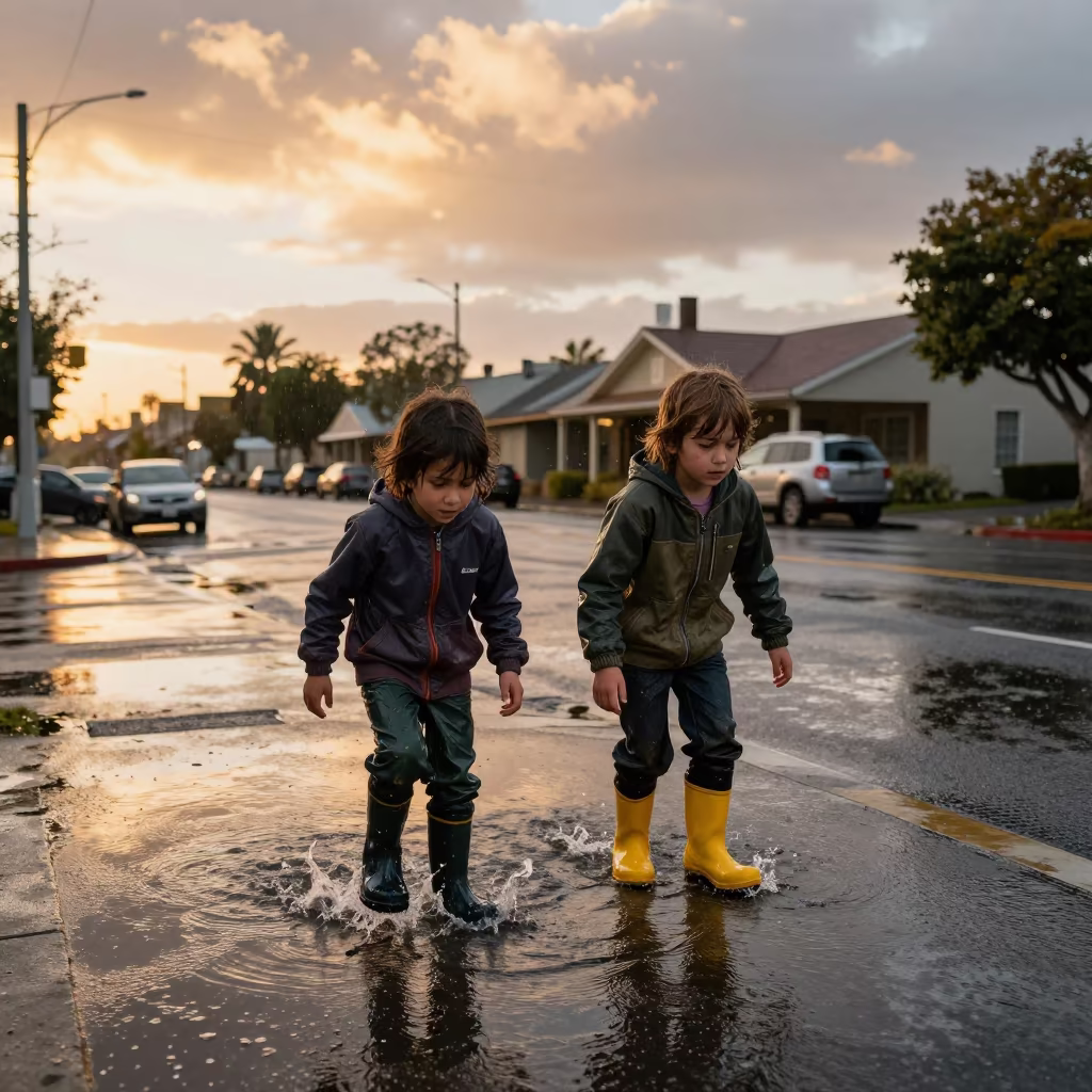 Children Splashing in Rain Puddles Santa Clara in in Santa Clara