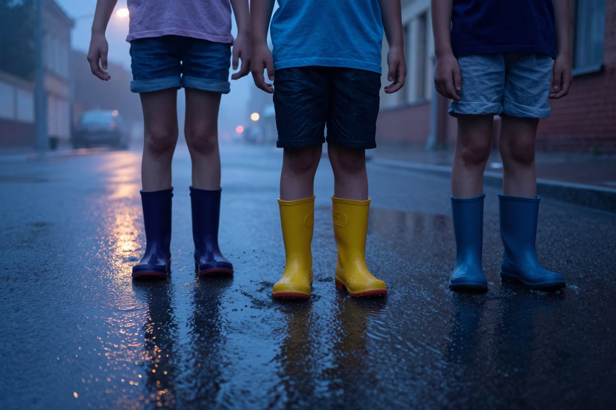 Children Splashing Rain Puddles in St Petersburg Mist in near St Petersburg