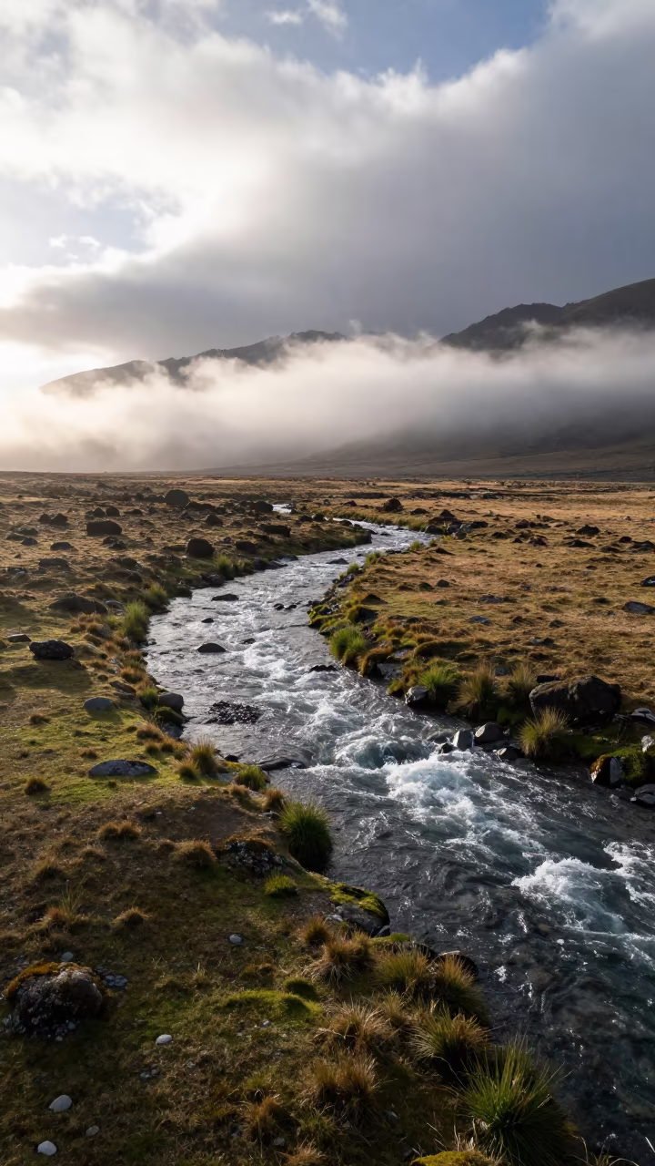 Chilean Alpine Meadow Morning Mist River in in Chile