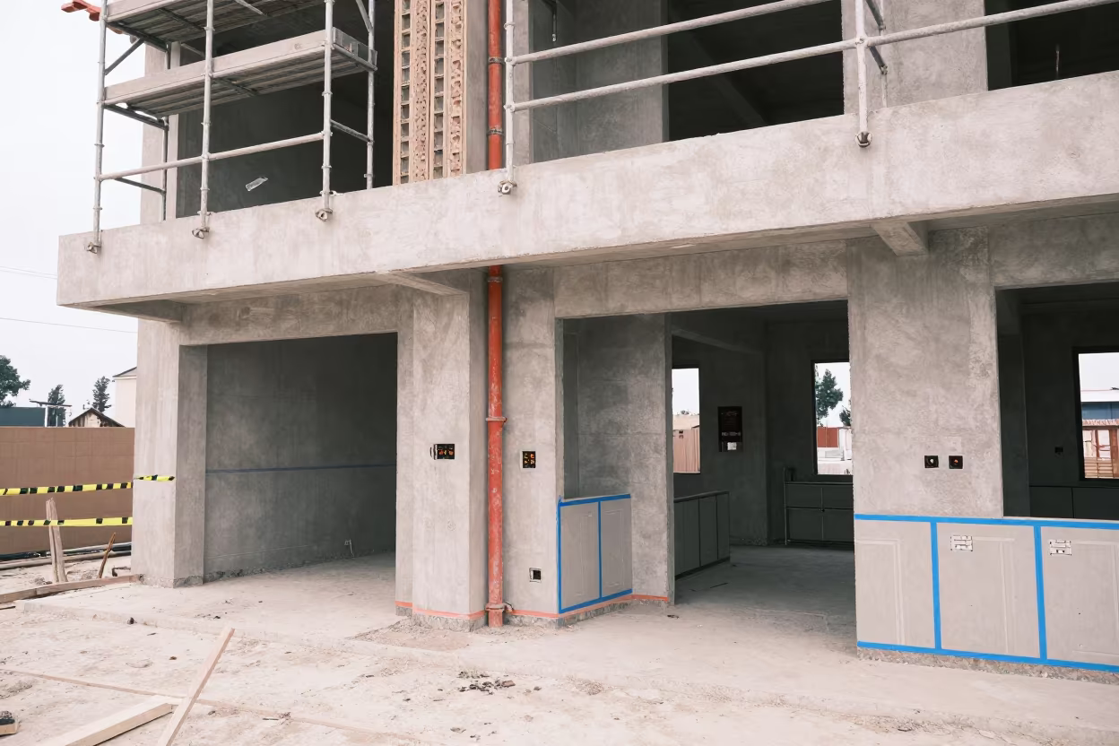 Chilean Apartment Construction Rough-Ins Noon in along a scaffolded facade in Chile