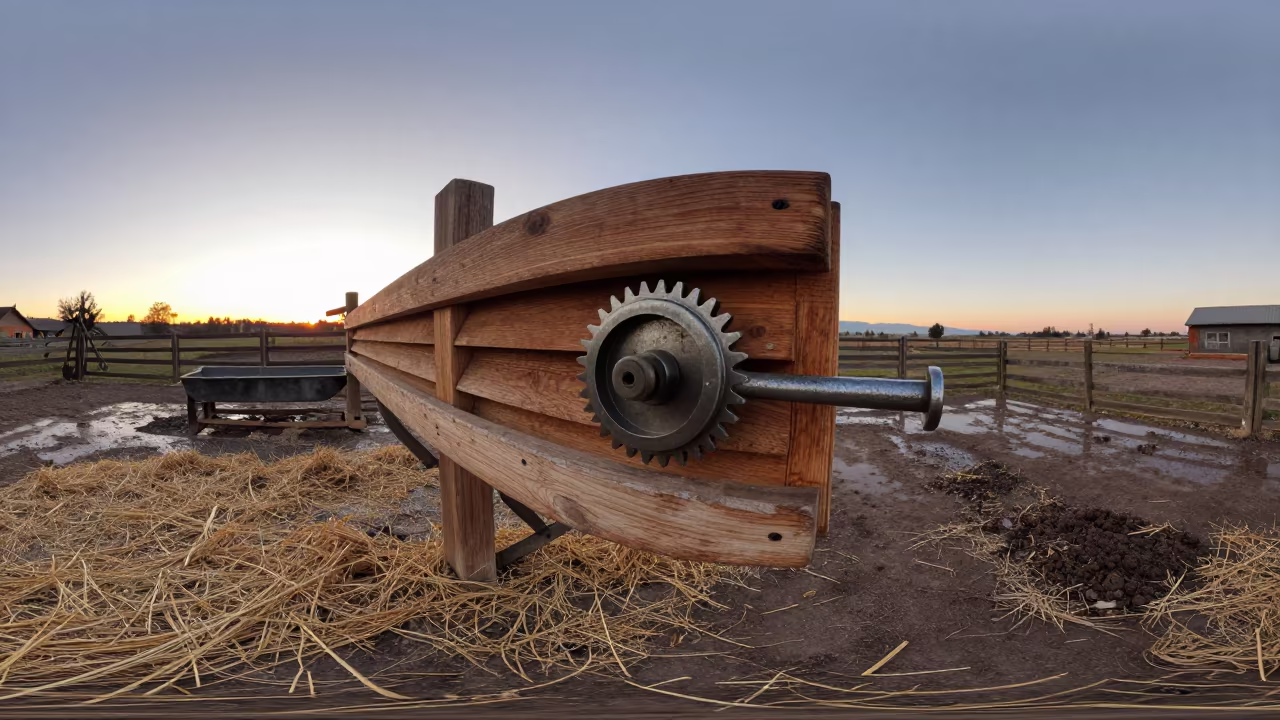Chilean Barn Ventilation Crank at Sunset in near a windbreak and water trough in Chile