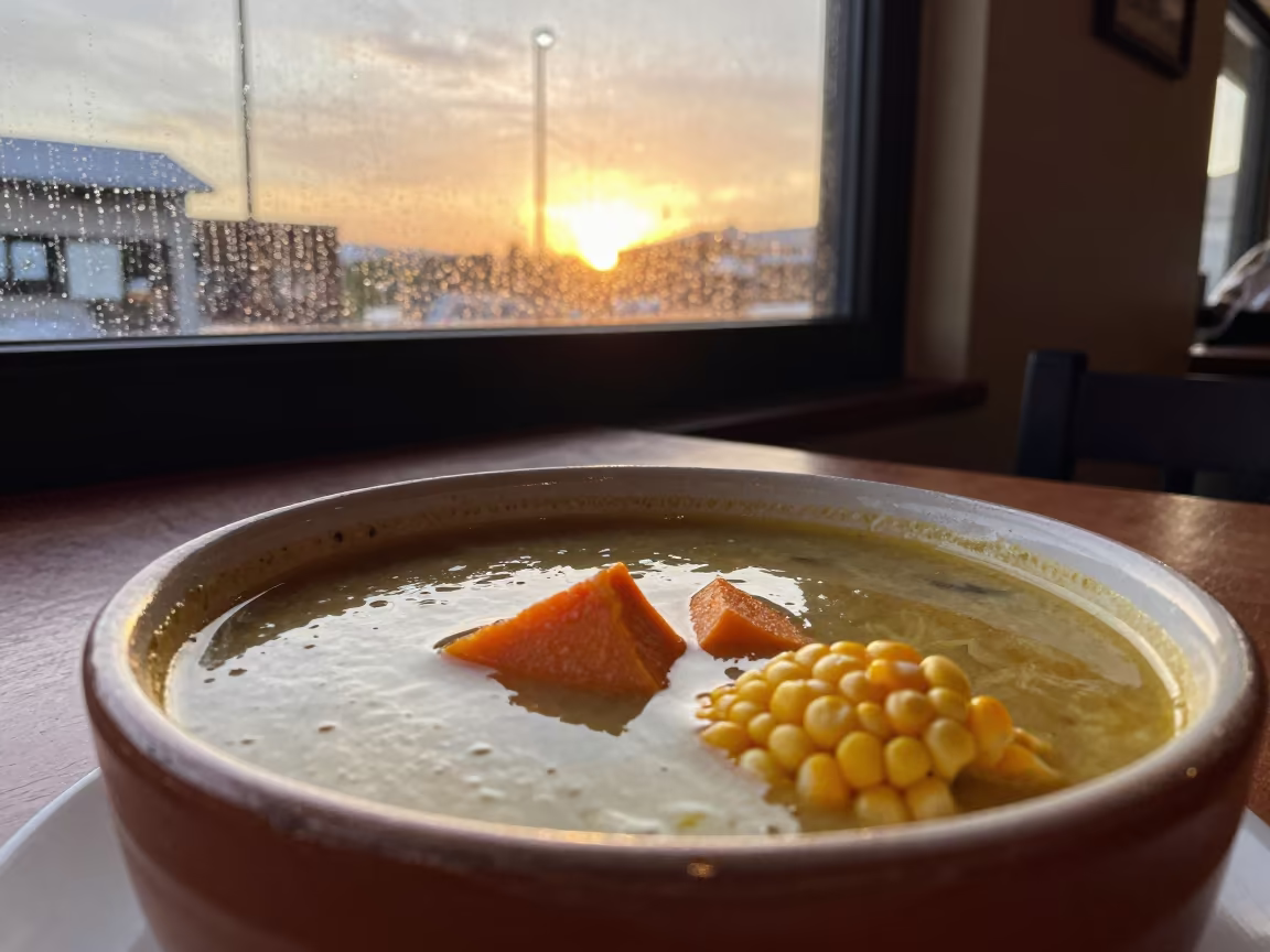Chilean Cazuela Soup Pumpkin Corn Sunset in on a restaurant table in Bridgetown