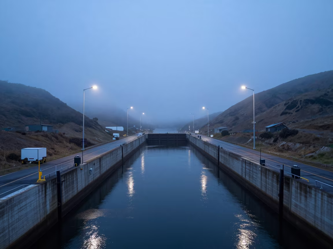 Chilean Lock Road Through Blue Hour Fog in at a canal lock chamber in Chile