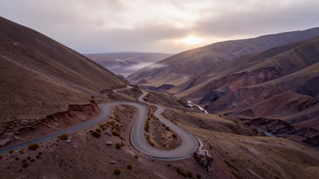 Chilean Mountain Road Dawn Overcast Landscape in in Chile