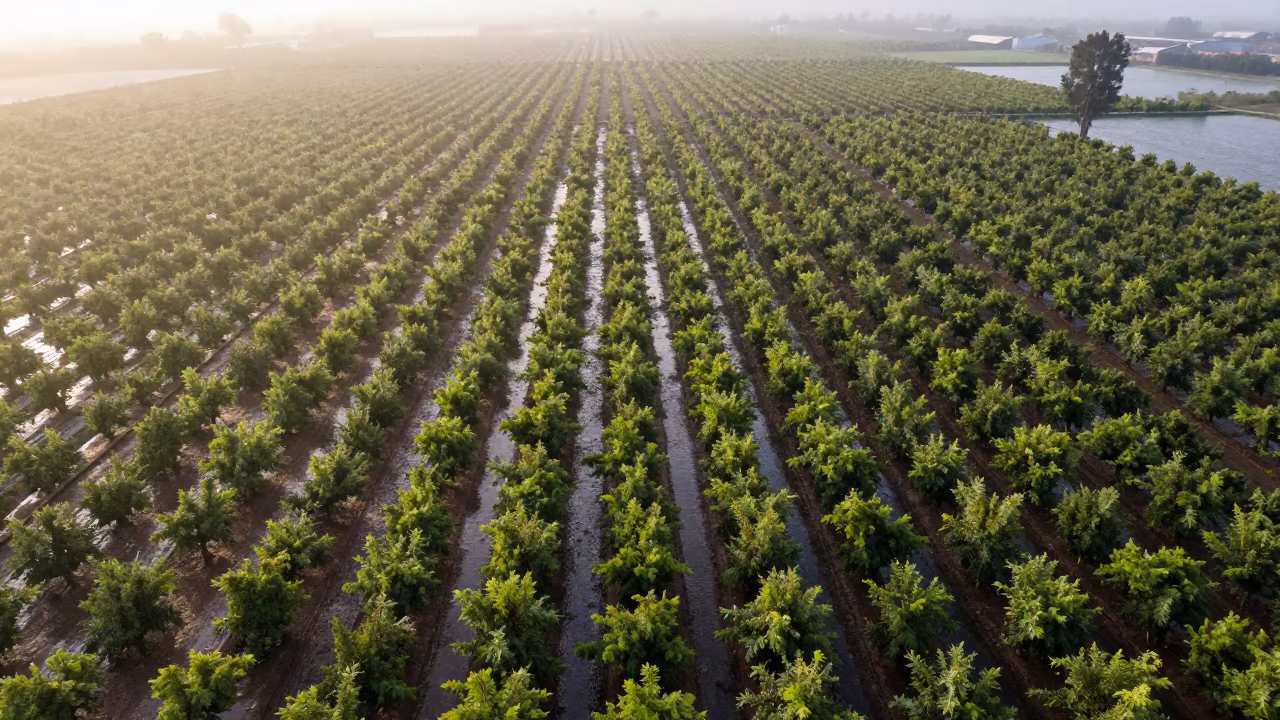 Chilean Orchard Aerial View After Rain in far above orchard blocks and irrigation lines in Chile