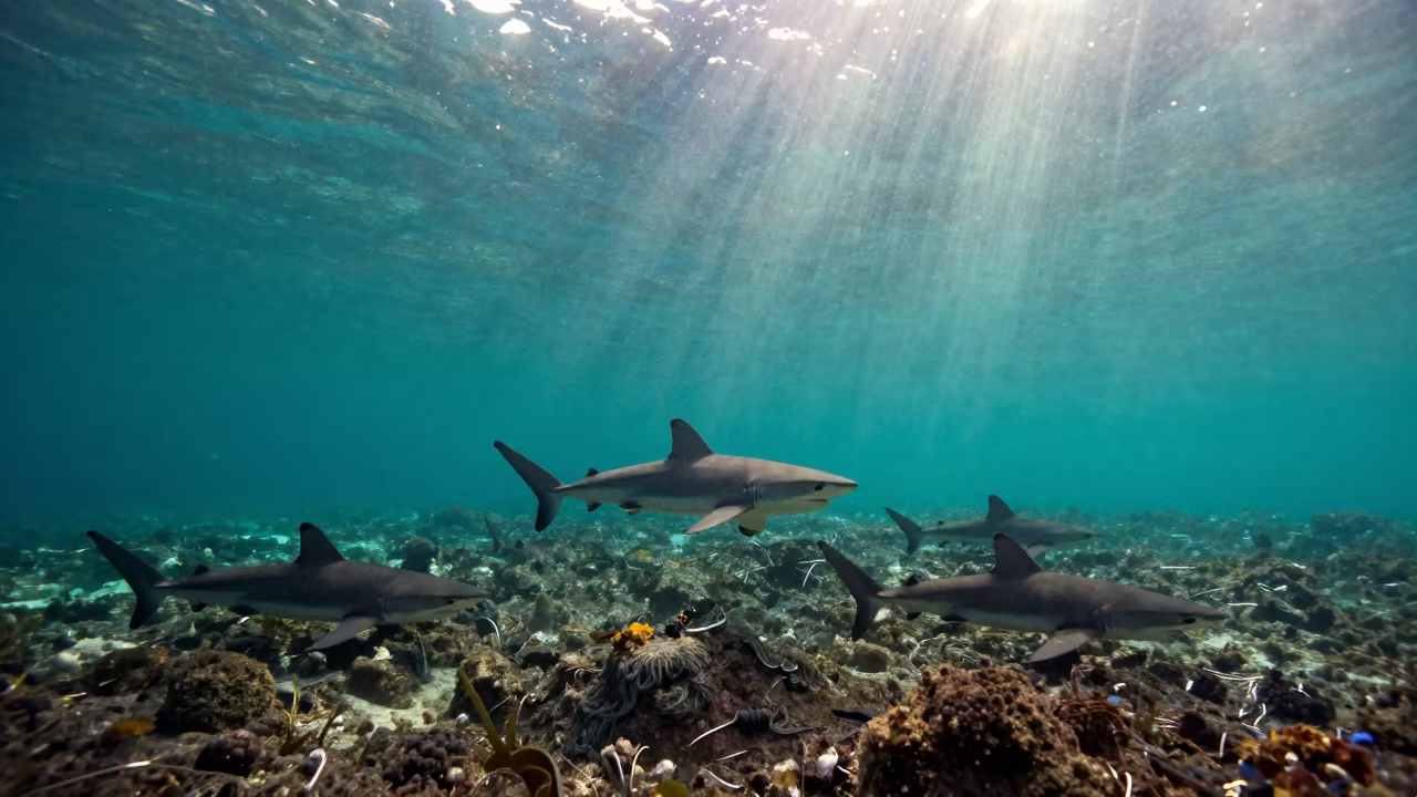 Chilean Seamount Sharks Circling Underwater Glare in in Chile