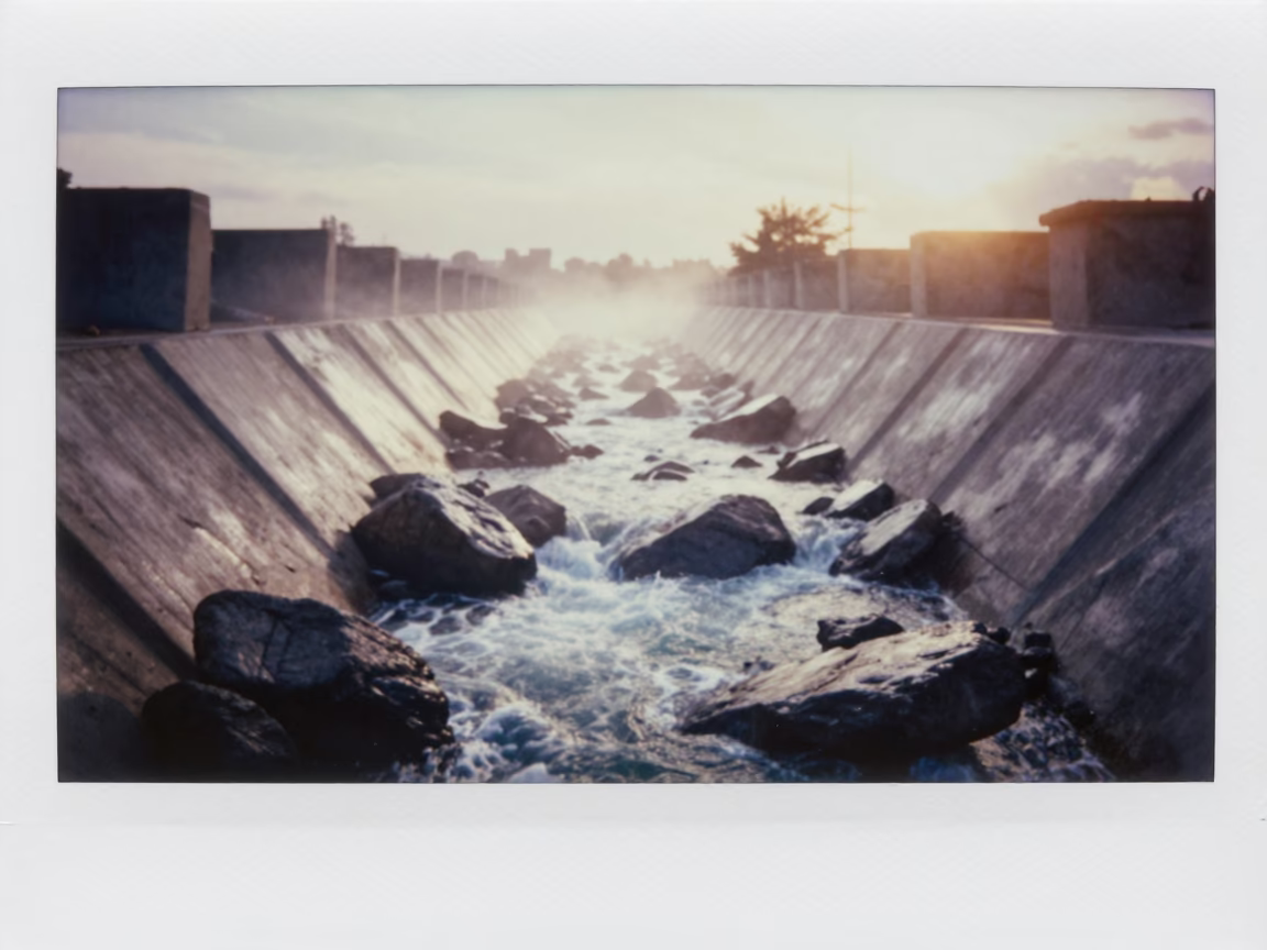 Chilean Spillway Toe Frothing Against Boulders at Golden Hour in above a spillway chute with spray rising in Chile