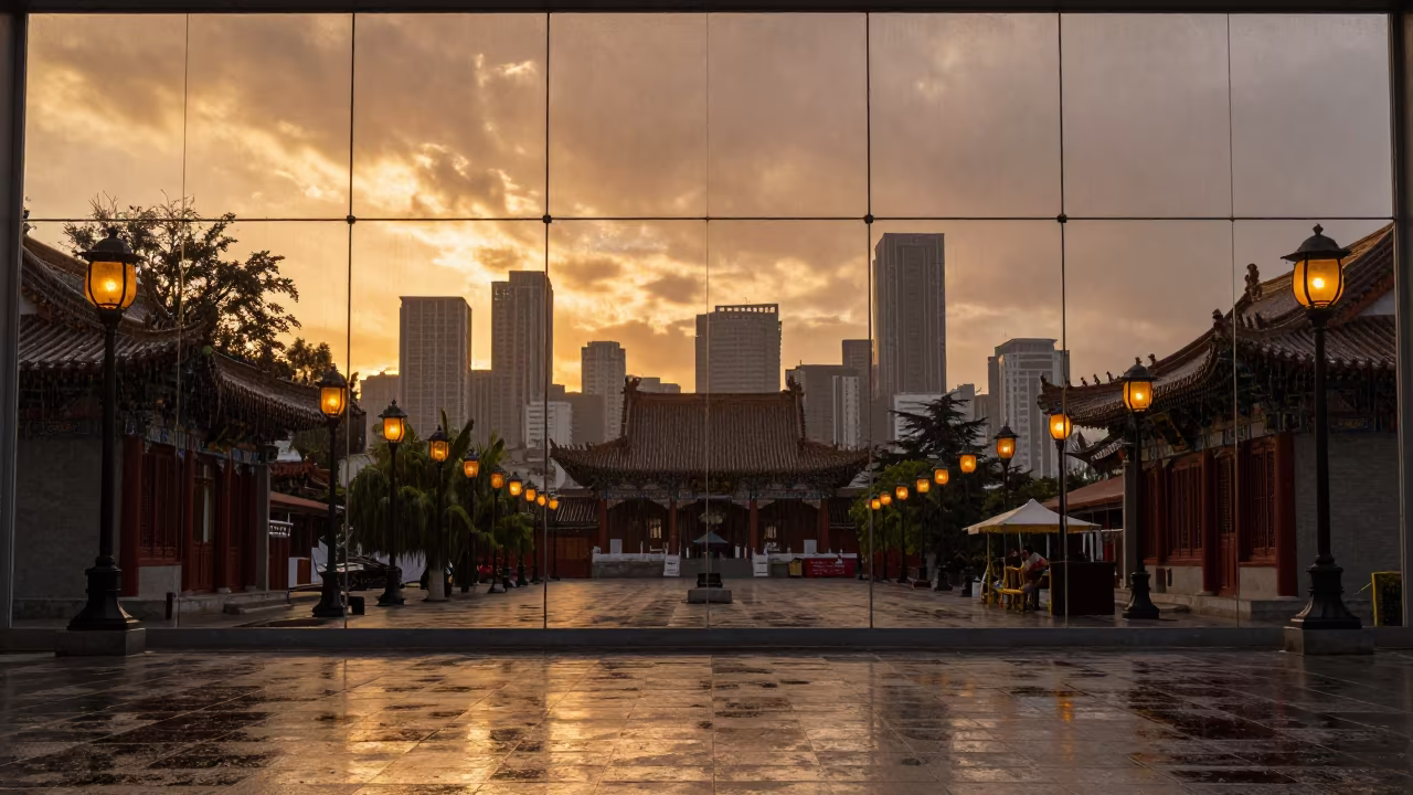 Chilean Temple Sunset Reflection on Glass Wall in in a lantern-lined temple precinct in Chile