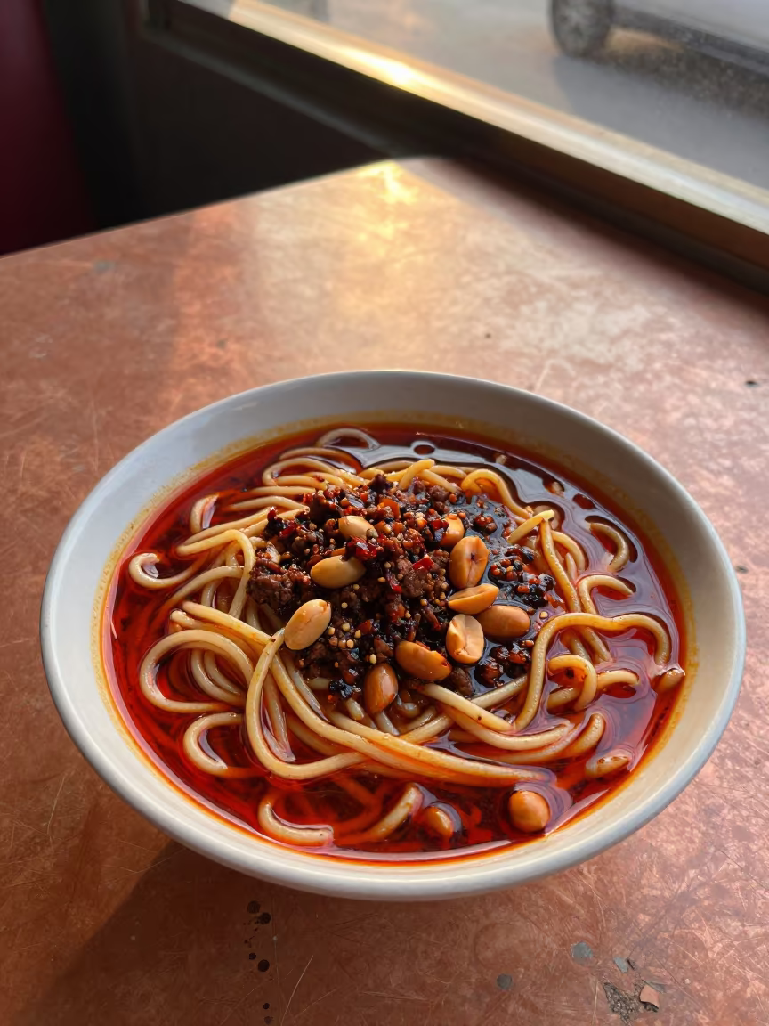 Chili Oil Dan Dan Noodles in Rawalpindi Diner in at a roadside diner table in Rawalpindi
