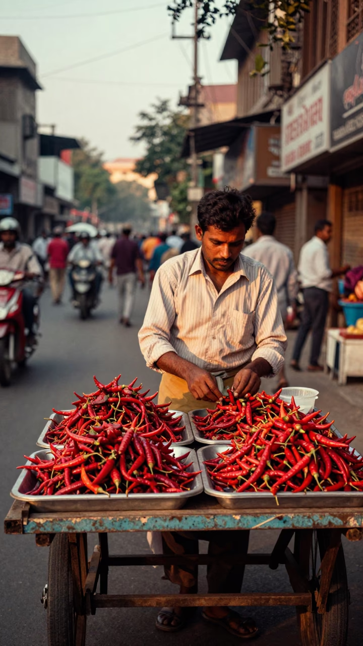 Chili Peppers at The Early Evening Light in Delhi in in Delhi, India